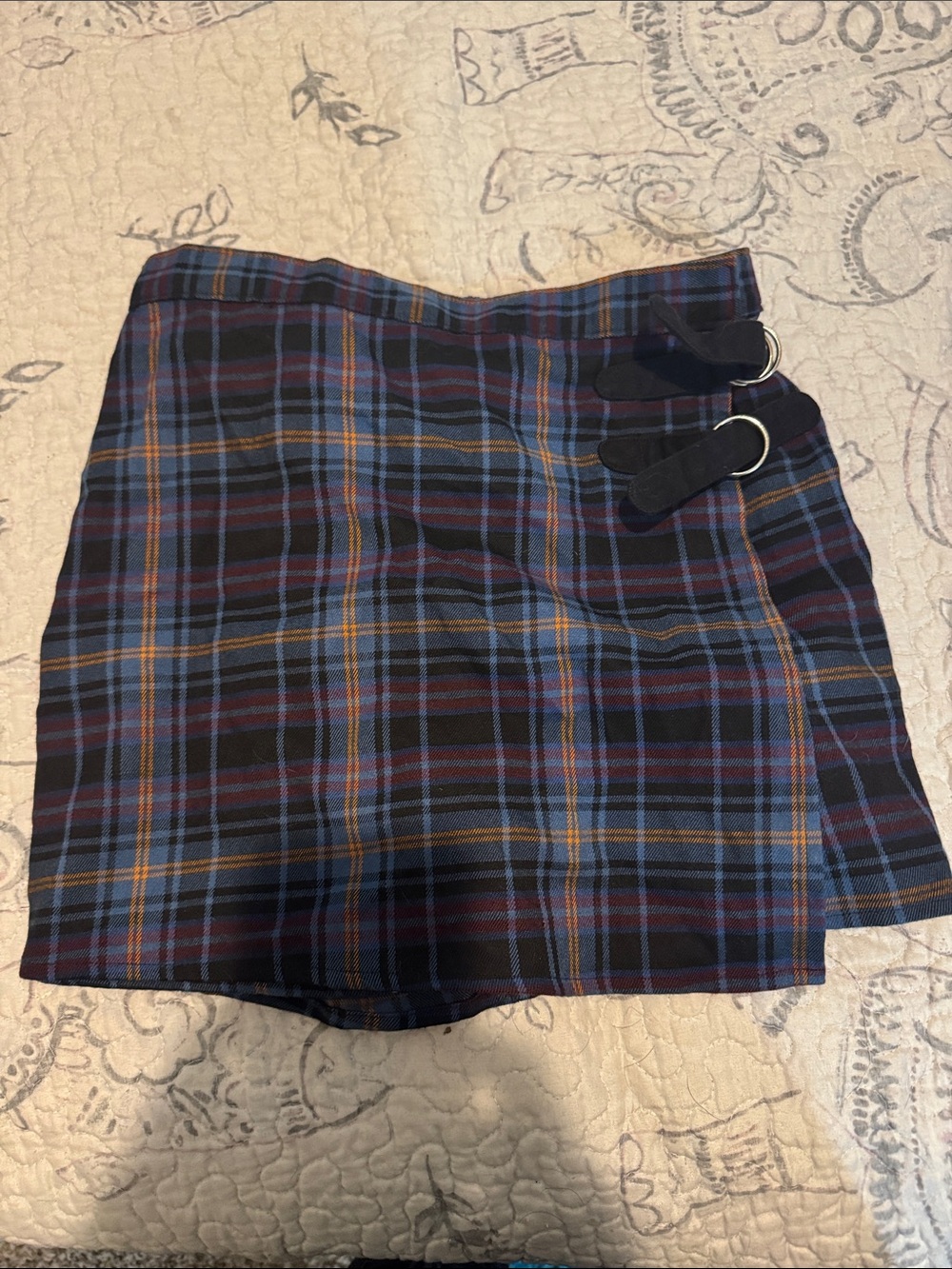 Plaid Wrap Skort with Buckle Detail - Blue Multi